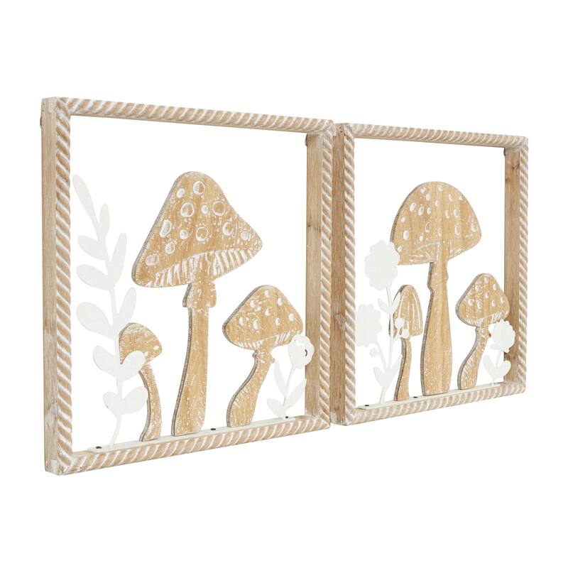 Wooden Mushroom Cutout Home Wall Decor with Carved Twisted Frame and White Floral Accents - Set of 2 Brown - Roche River Decor