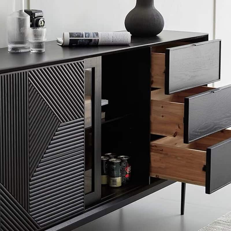 59.06" Mid Century Modern Black Sideboard Buffet with Tempered Glass,Geometric Pattern Design, Metal Legs, Assemble Needed