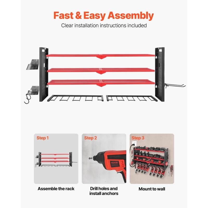 4-Tier Wall Mounted Tool Rack with 8 Drill Slots and Adjustable Shelf Pegboard Organizer - 32.87” x 8.66” x 16.54”