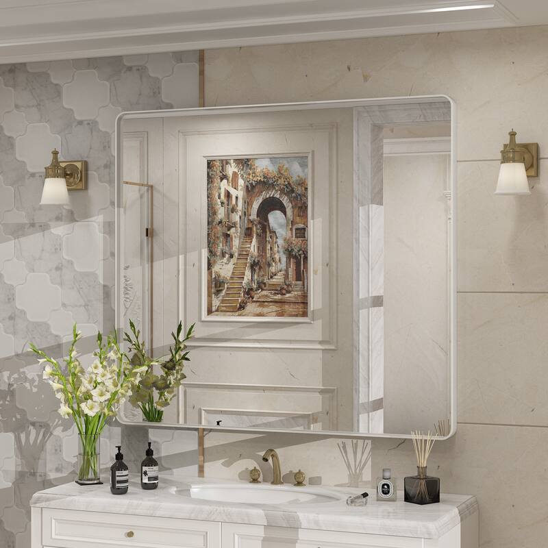 Modern Metal Frame Wall Mounted Bathroom Vanity Mirror - 40x36 - Silver