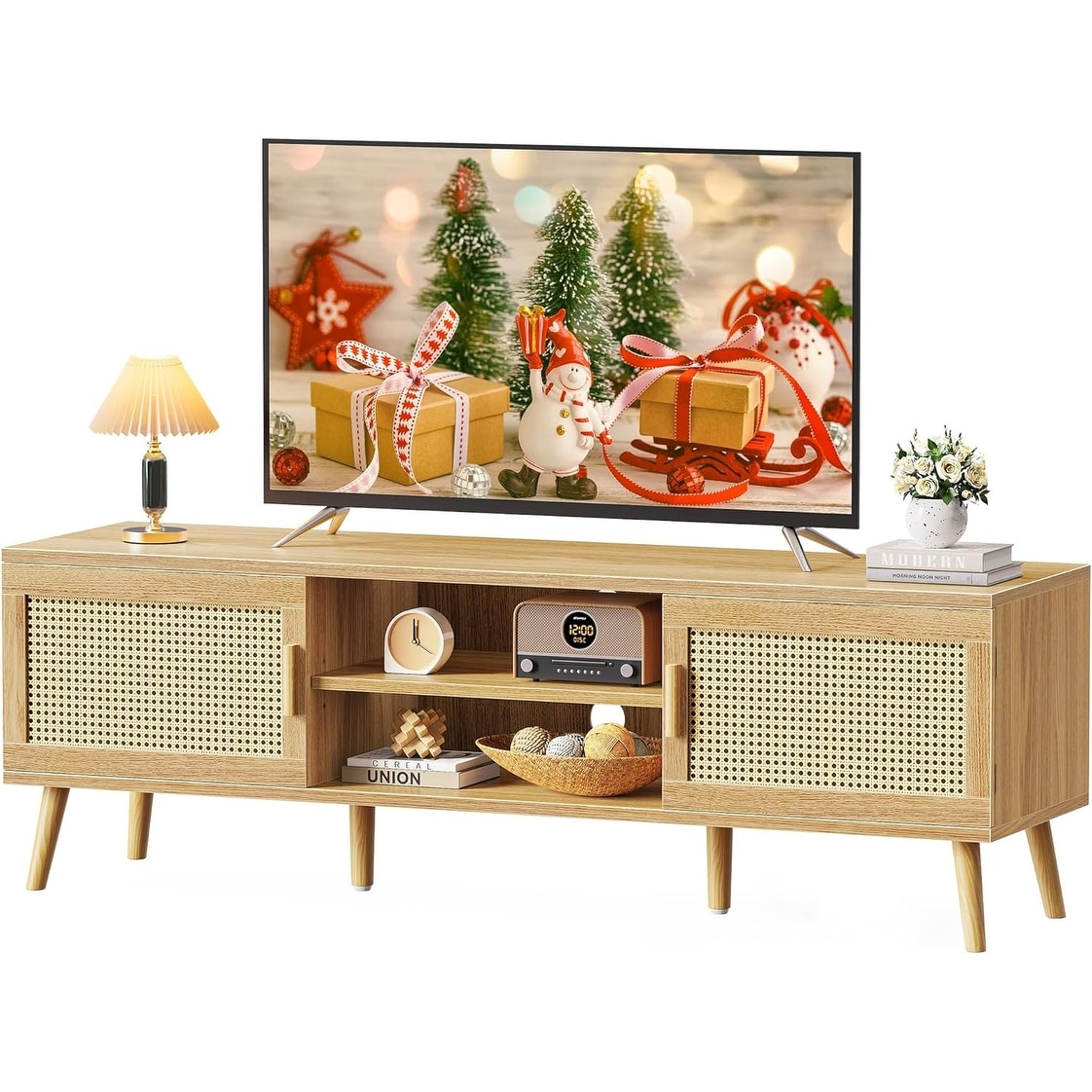 TV Stand for 65 Inch, Adjustable Shelf, Rattan Design with 2 Cabinets, Media Console, Solid Wood Feet, 4 Cord Holes - Natural