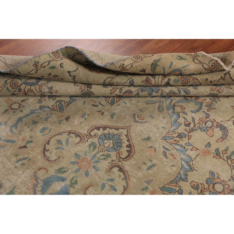 Floral Tabriz Persian Area Rug Beige Bedroom Handmade Wool Carpet - 9'6"x 12'9"