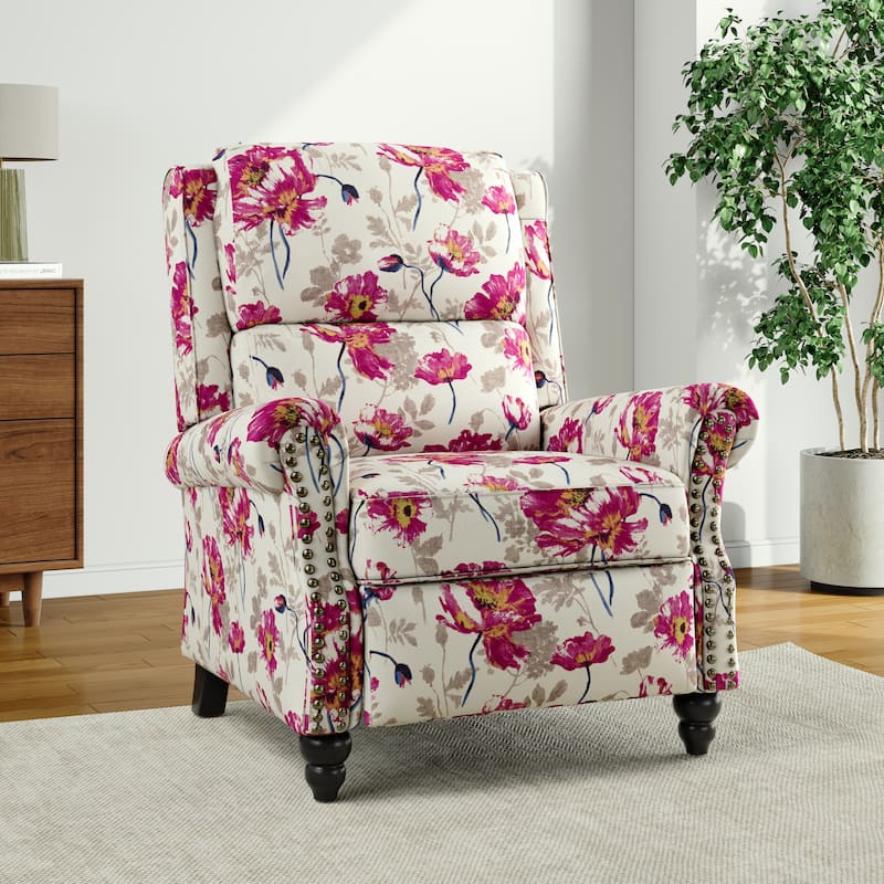 Alisa 35'' W Vegan Leather/ Linen Glider Push Back Recliner Chair - White Floral