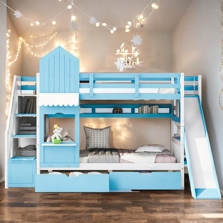 Twin over Twin Bunk Bed With 2 Drawers,3 Shelves and Slide,Sturdy Frame