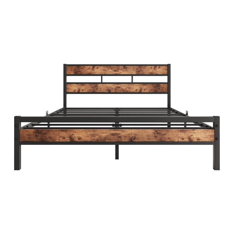 Platform Bed Frame with Rustic Vintage Wood Headboard