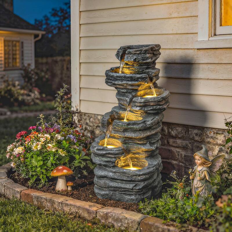 Outsunny 40" Tall Outdoor Waterfall Fountain with LED Lights, 6-Tier Cascading Waterfall Feature with Pump - Grey