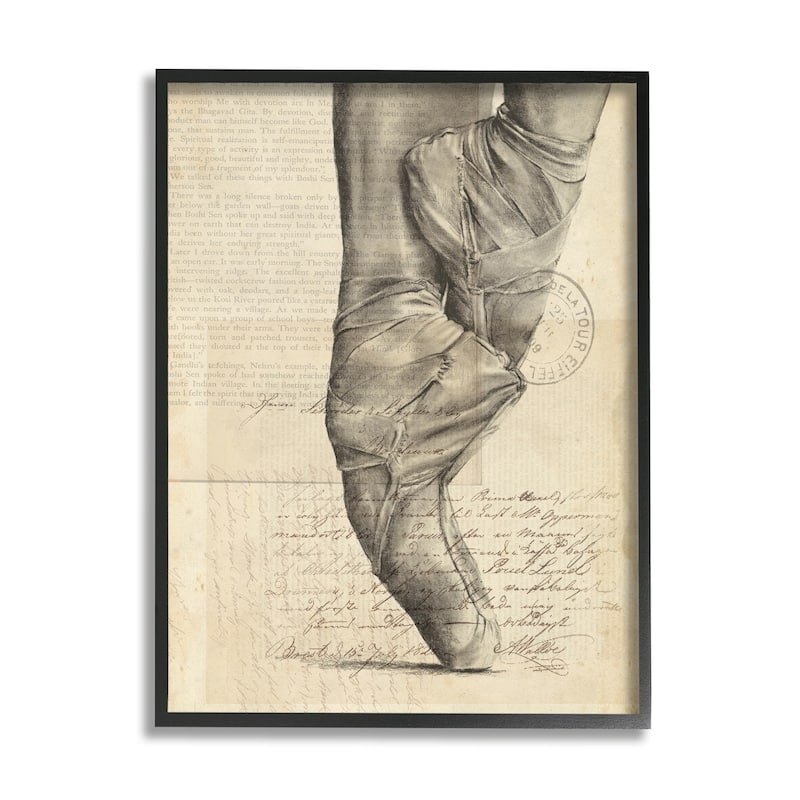 Stupell Ballerina Ballet Slippers Monochrome Vintage Text Collage Framed Wall Art - Brown