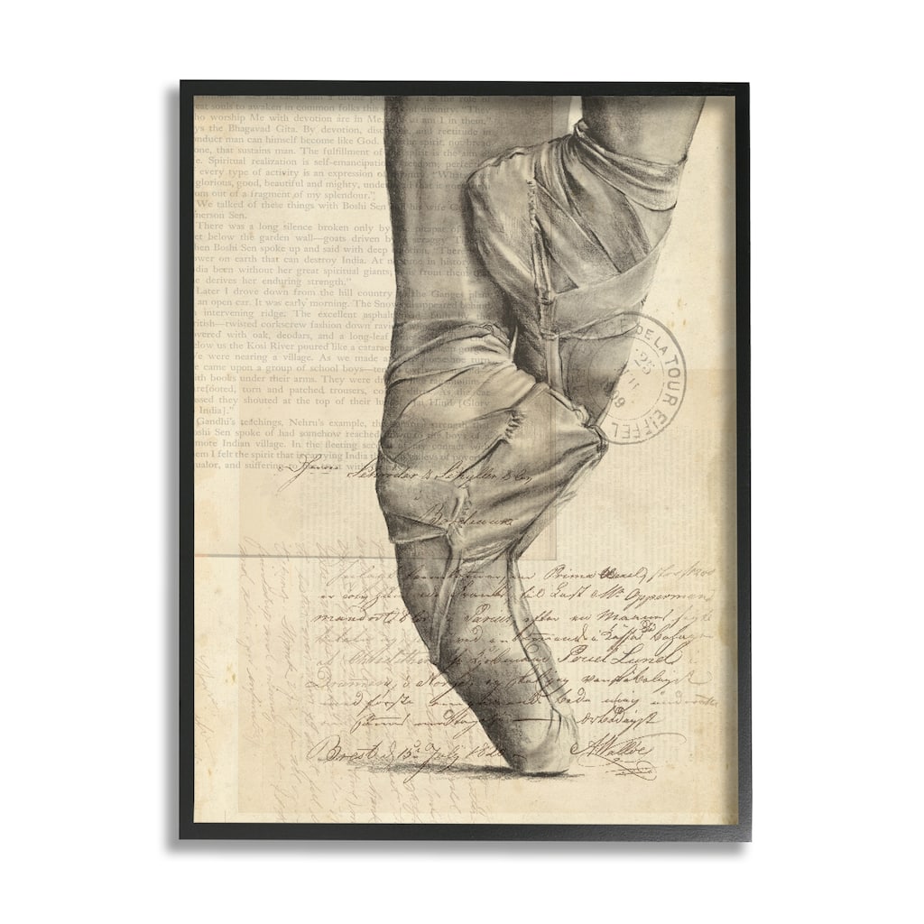 Stupell Ballerina Ballet Slippers Monochrome Vintage Text Collage Framed Wall Art - Brown