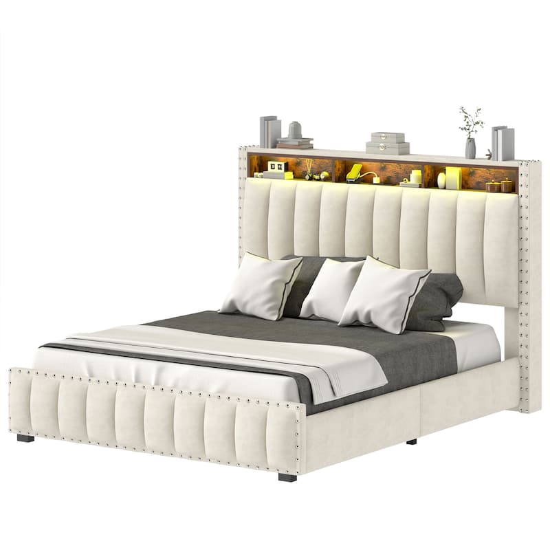 Moasis King Bed Upholstered Platform with Button-Tufted Frame