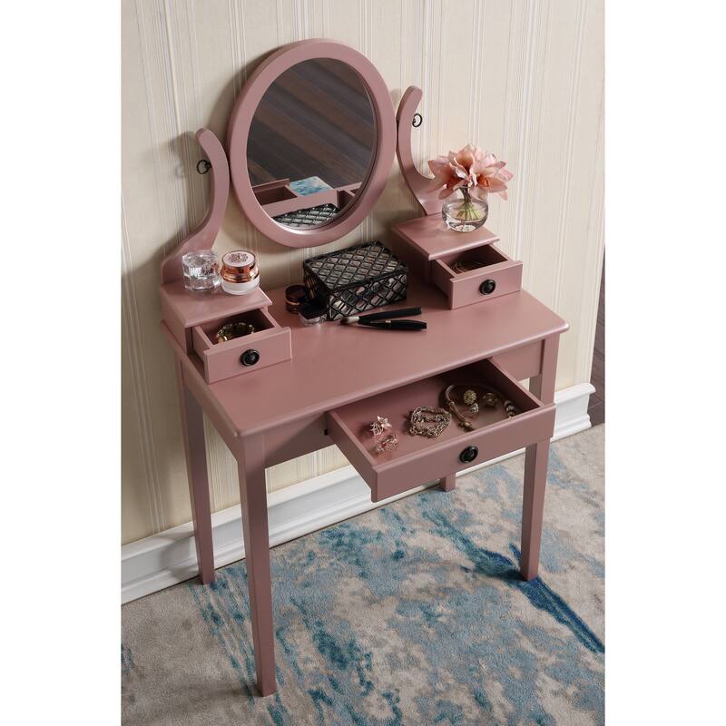 Bedroom Makeup Vanity Desk and Stool Set, Vanity Set Includes Dressing Table, Swivel Adjustable Oval Mirror and Stool