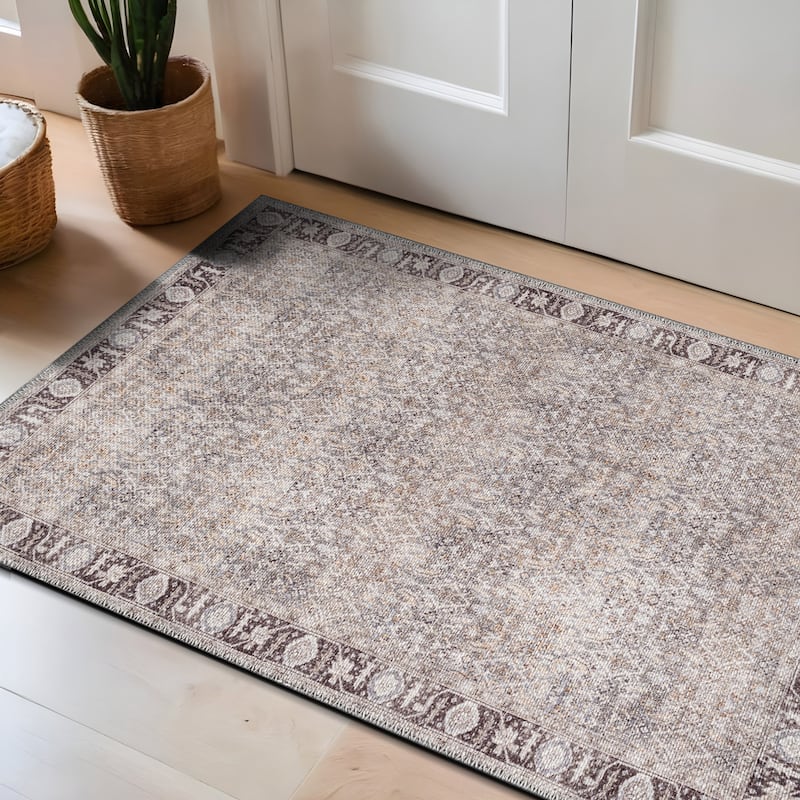 Beige Vintage Washable Rug - Low Pile, Subtle Pattern for Neutral Spaces - Gray - 2' x 3'