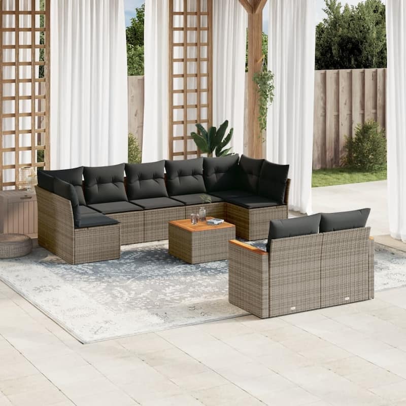 vidaXL Patio Sofa Set with Cushions Outdoor Conversation Furniture Poly Rattan - 24.4 x 24.4 x 27.2 in - Gray with table