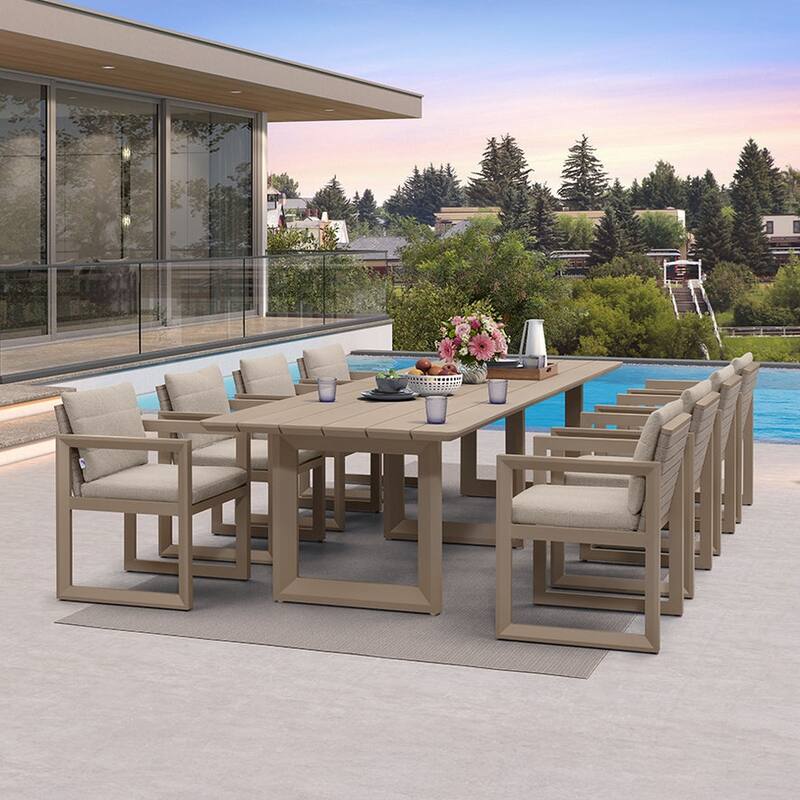 PURPLE LEAF Caesar Outdoor Dining Set Aluminum Luxury Patio Furniture with Olifen Removable Thick Cushion and Pillow-Khaki - N/A - 9-Piece（330）