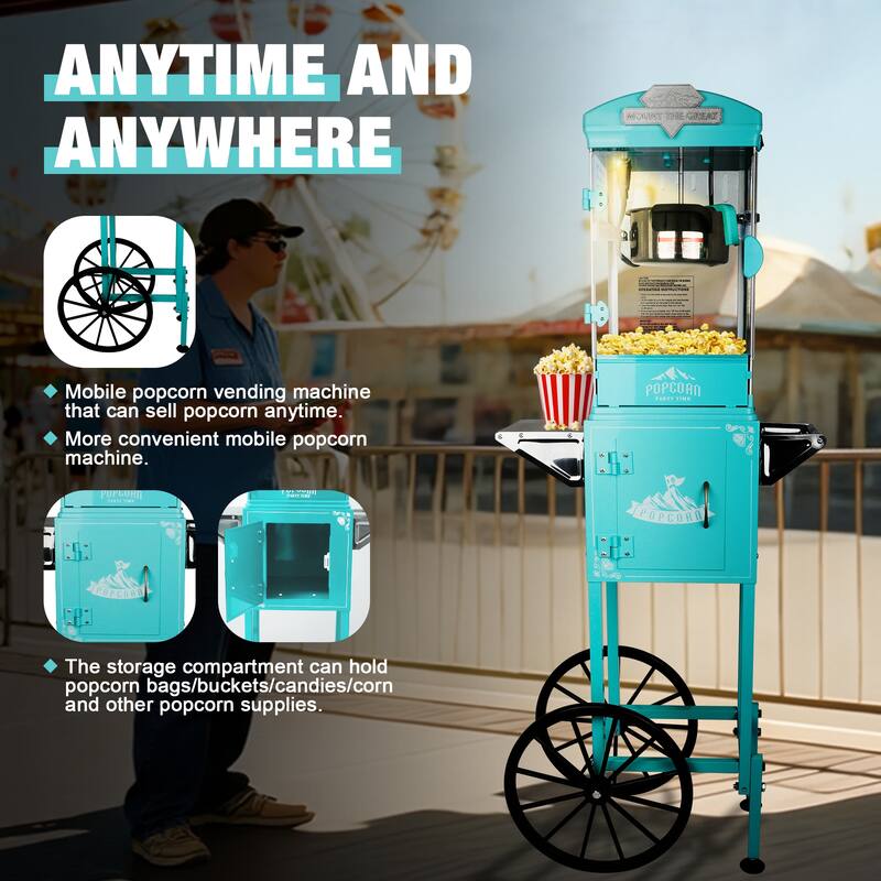 Popcorn Machine with Cart ,Wheels & 10 Oz Kettle Popcorn Maker Measuring 3 plastic spoon Home Theater Popcorn Machine