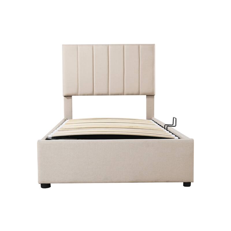 Twin Size Upholstered Platform Bed with Hydraulic Storage, Beige Linen Fabric, 330LBS Capacity