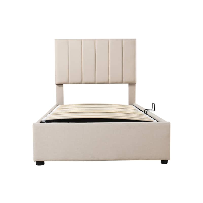 Twin Size Upholstered Platform Bed with Vertical Stripe Headboard & Hydraulic Storage System, Durable Frame,No Box Spring Needed