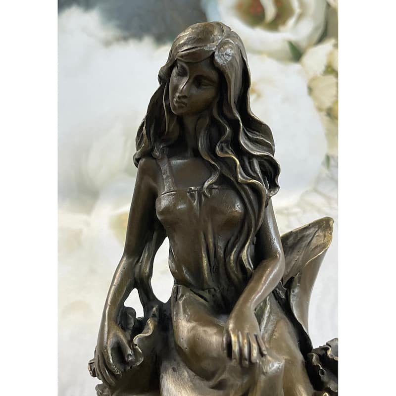 Nymph Girl Sitting On Flower Bronze Statue Sculpture Figure Fantasy 9 Inches X 5 Inches