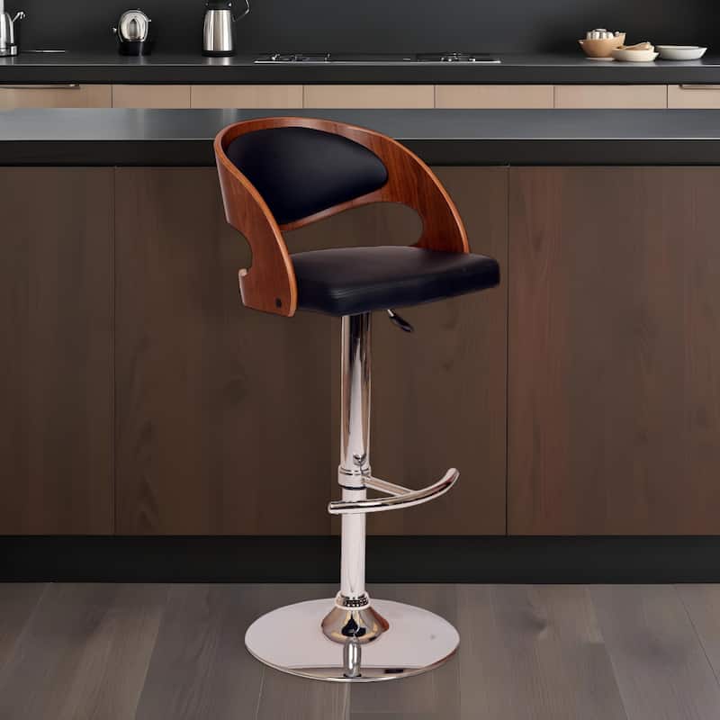 Contemporary Swivel Faux Leather Seat Bar Chair with Low Back and Adjustable Height Silver Chrome Base - 43”H x 19”W x 21”D - Black