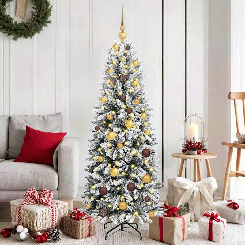 vidaXL Artificial Christmas Tree with 150/300 LEDs White - White with LEDs and gold/bronze balls - 5 Foot