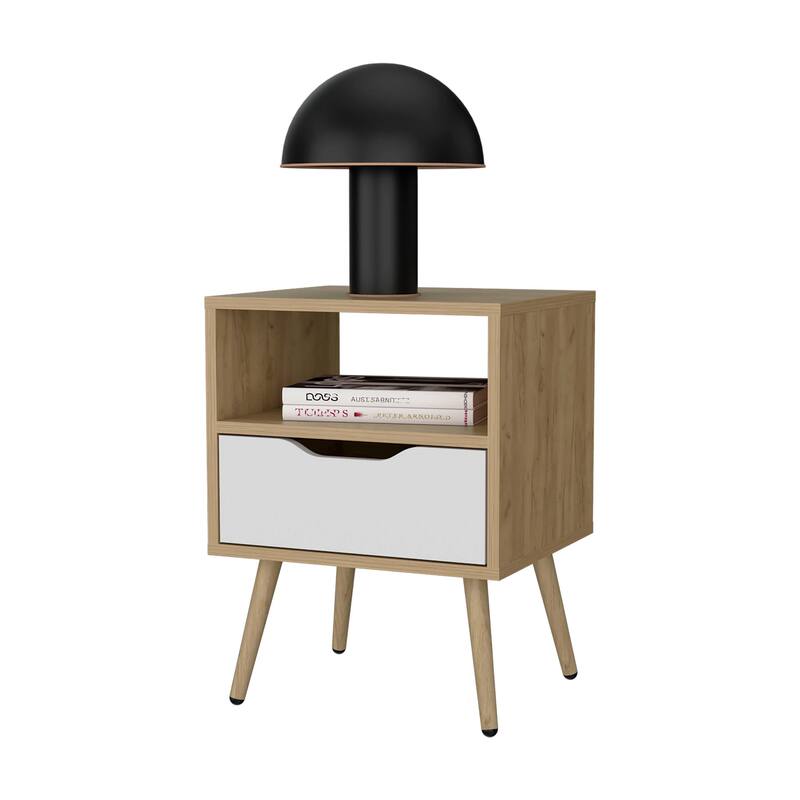 Natural Oak and White Nightstand with Open Storage