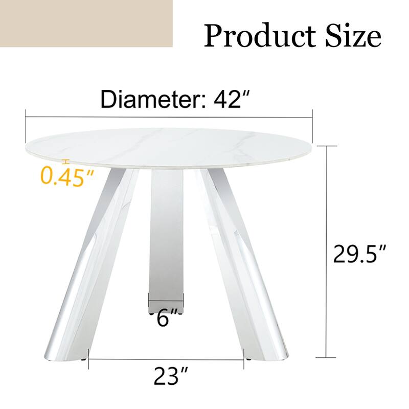 Roomfitters 42" Round Dining Table with Marble Top and Stainless Steel Legs, Seats 4 to 6, White Marble