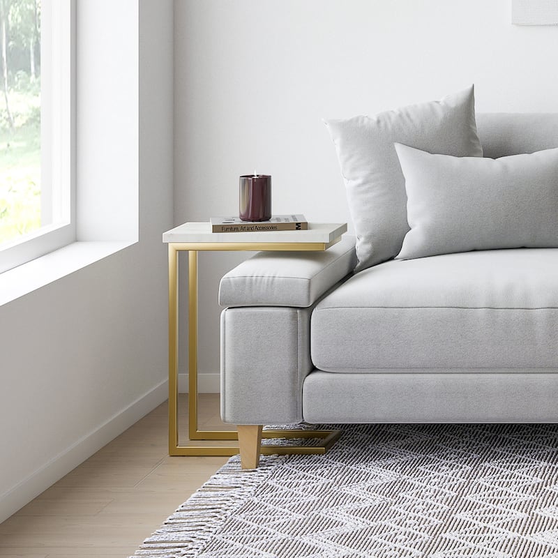 WYNDENHALL Rhonda 18 inch Wide Solid Metal Industrial C Side Table - 18 W x 10 D x 24 H - Marble Top / Gold