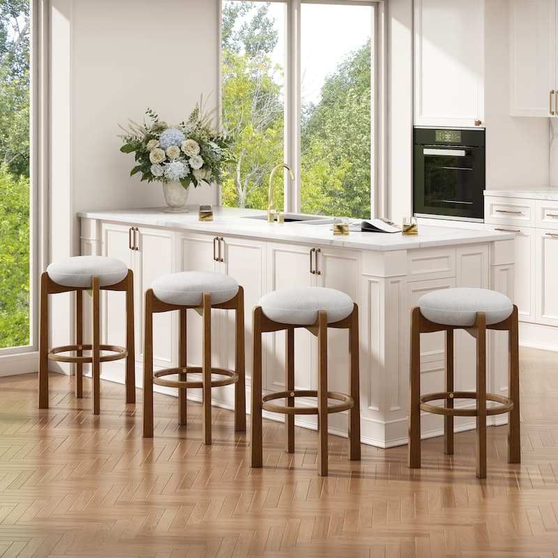 Christopher Knight Home - Tara Rubberwood Upholstered Barstools in Walnut and Ivory Fabric - Set of 4 - Dark Walnut+Ivory_Set of 4