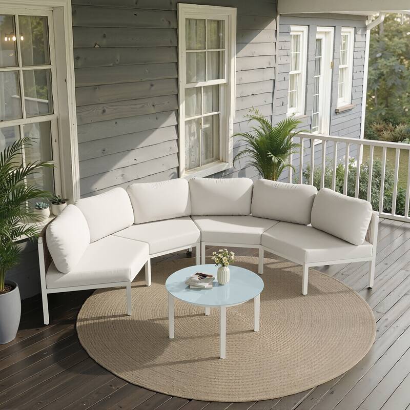 Outdoor Half Moon Curved Sofa Rattan Sectional Sofa Patio Outdoor Conversation Sets - 4-seater + 1 table - Beige