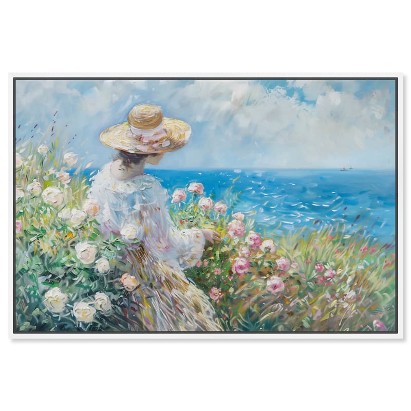 Art Remedy Gentle Sea Framed Impressionism 1 Piece Canvas Wall Art /Monet And Van Gogh Inspired Art - 25 x 37 - White