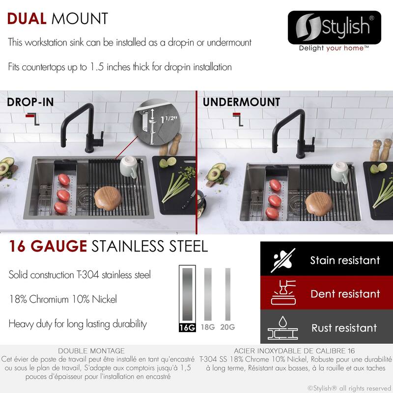 Dual-Mount Stainless Steel Workstation Kitchen Sink built in Accessories