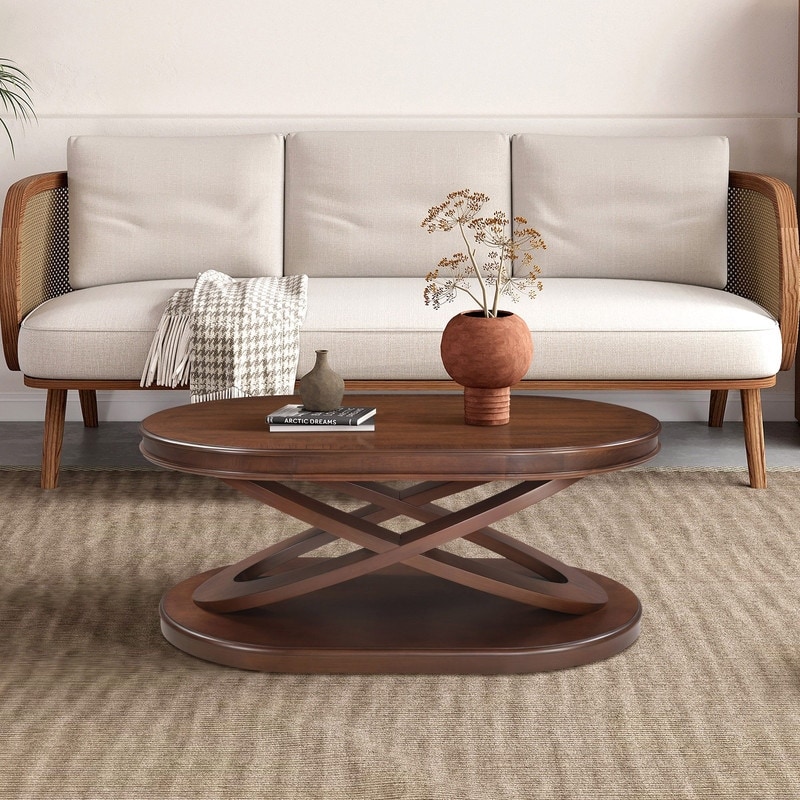 Solid Wood Oval Coffee Table with X-Shaped Base for Living Room