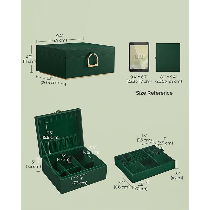 2-Layer Jewelry Organizer Box with Gold Metal Handle Perfect Gift for Birthdays or Anniversaries - 8.1"D x 9.4"W x 4.3"H