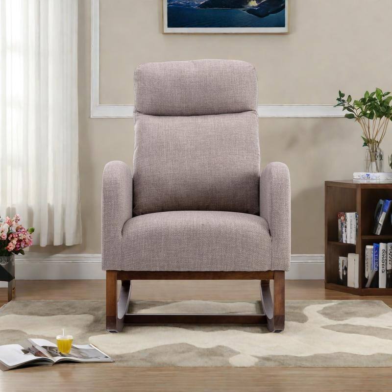 Linen High-Back Rocking Chair with Recliner Function, Side Pocket, and Solid Wood Legs - Grey