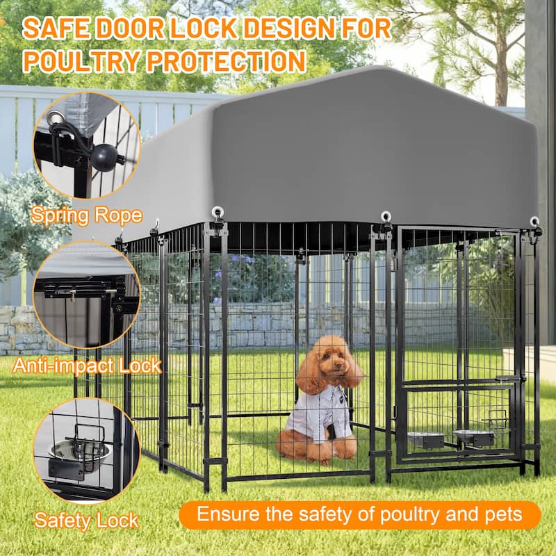 GDFStudio - Large Outdoor Heavy Duty Metal Dog Kennel with Roof, UV-Resistant Waterproof Cover, Double Lock & Rotating Feeder