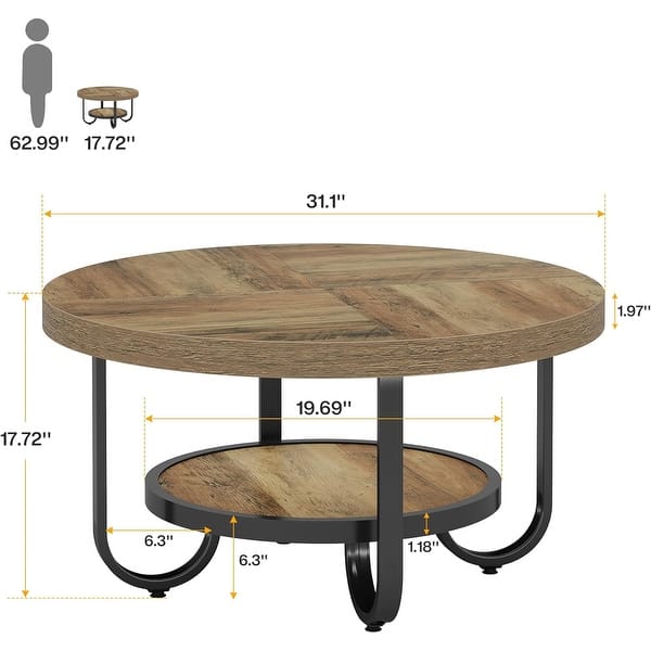 31.1 Inches Brown MDF Round Coffee Table, 2-Tier Industrial Center Table for Living Room