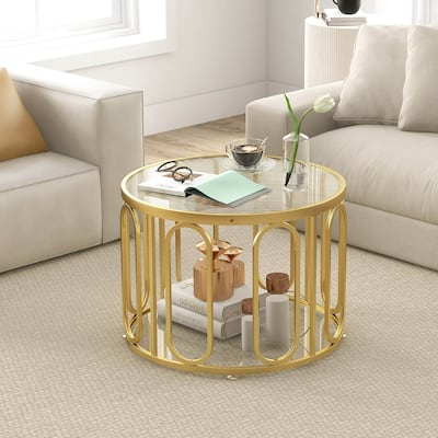 Gymax 2-Tier 24'' Round Coffee Table w/ Oval Swivel Brackets & Reeded