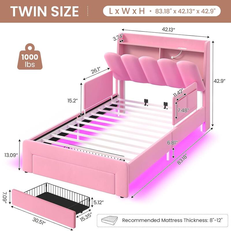 LED Bed Frame Storage DrawerSafety Guardrails Velvet Princess Platform Bed Kids