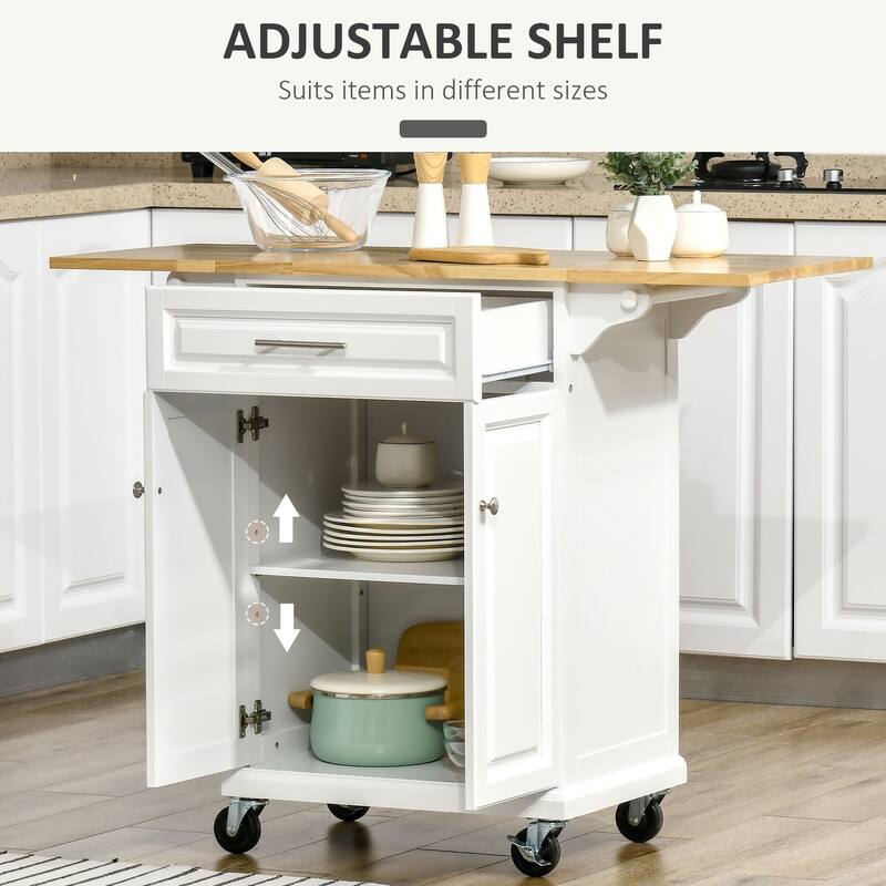 Modern Kitchen Island Drop Leaf Trolley Cart with Wheels 1 Drawer, 1 Door Cabinet and 2 Towel Racks, for Kitchen