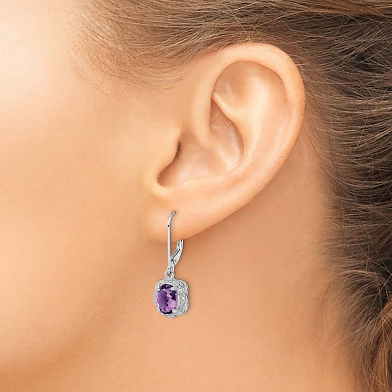 Curata 925 Sterling Silver Dangle Polished Open back Leverback Diamond Amethyst Earrings - 28x9mm Wide