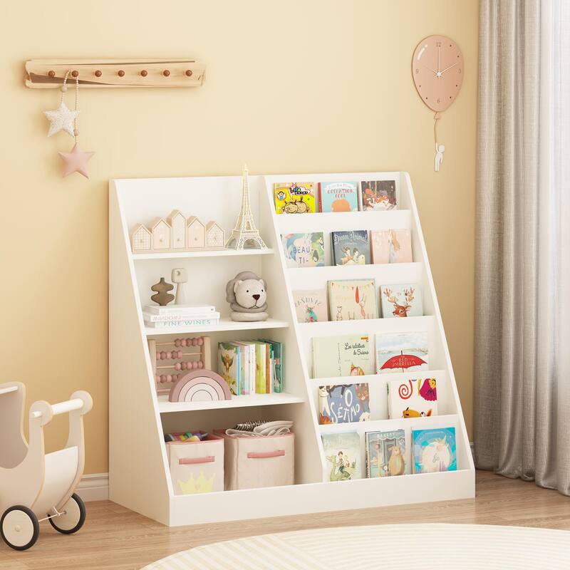 Anmytek Kids Bookcase Large Capacity Trapezoid Bookshelf Eco Friendly Wood Toy Storage Organizer Cabinet