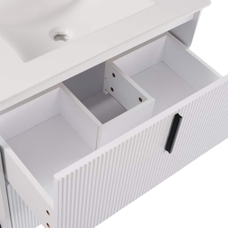 Fluted Bathroom Vanity with Ceramic Sink, Freestanding Bathroom Storage Cabinet, Bathroom Vanities with Full-Extension Drawers