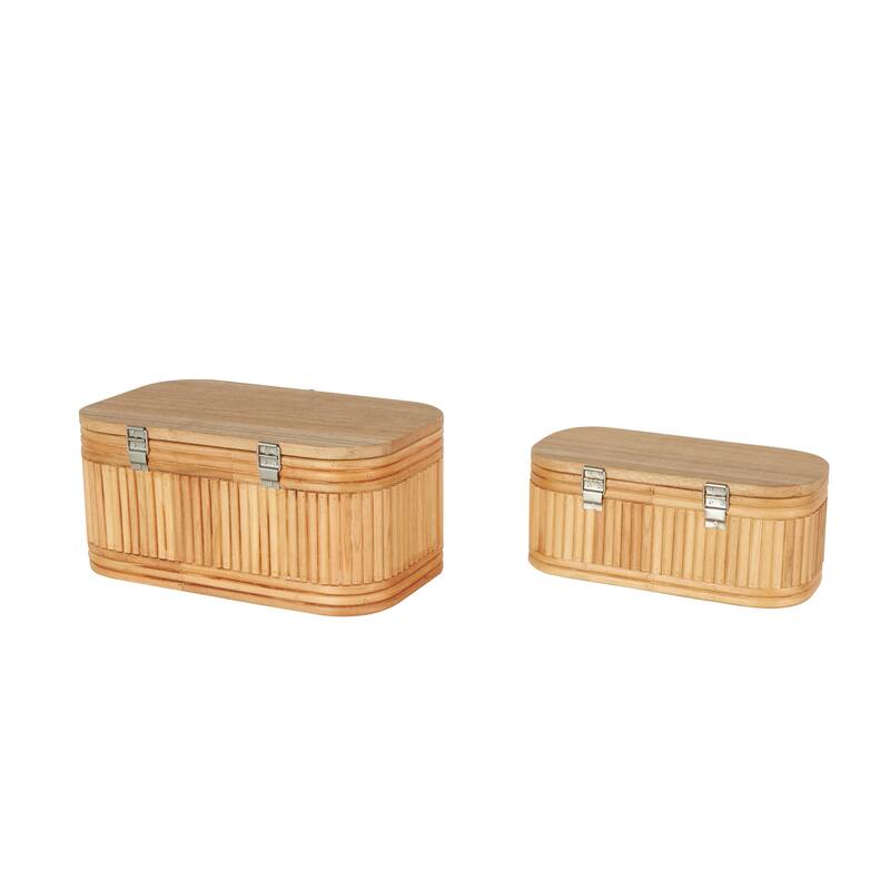 Brown Wood Ribbed Decorative Box with Brass Latches (Set of 2) - 8"W x 12"L x 6"H