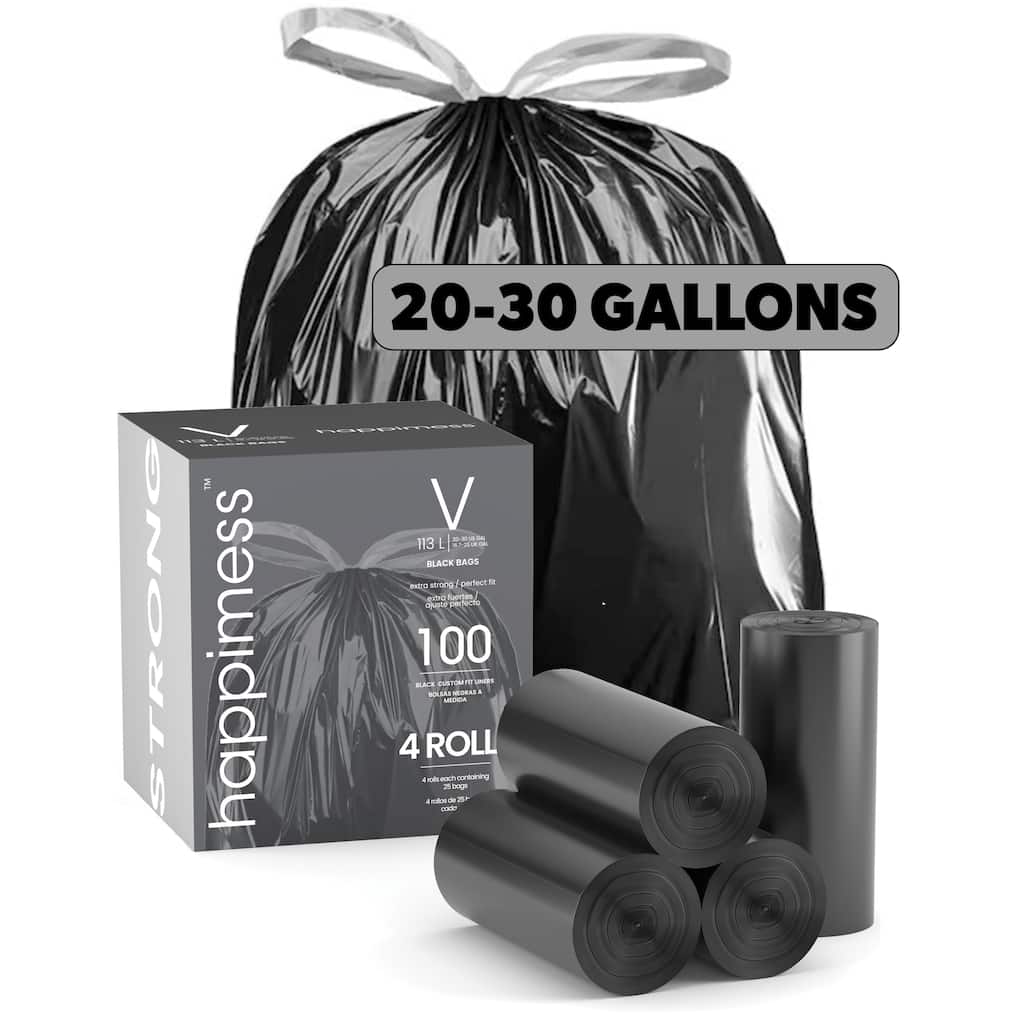 happimess 30-Gallon (114L) Drawstring Unscented Trash Can Liner, (100-Count, 4-Rolls of 25 Liners)