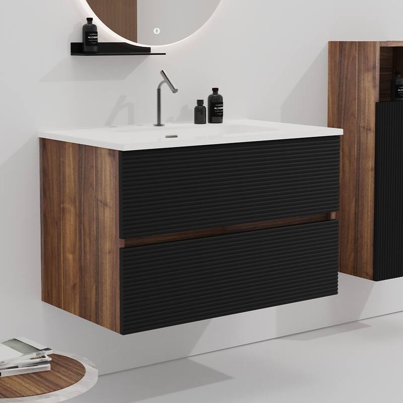 35" Modern Bathroom Vanity with Silent Soft-Closing Drawers, Eco-Friendly Natural Oak Finish - 30 in ,Black+Brown ,MDF - Black+Brown