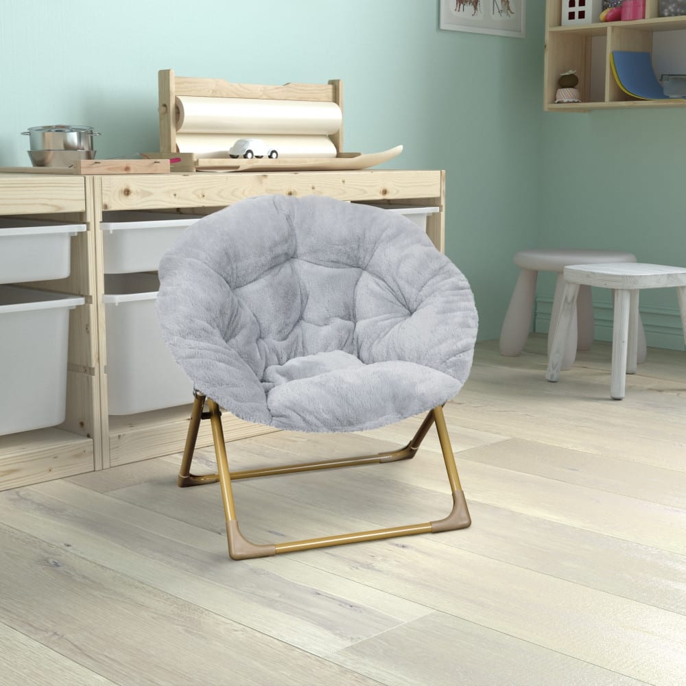 Kids Folding Synthetic Fur Saucer Chair for Playroom or Bedroom - 12.25"D x 22.75"W x 22"H