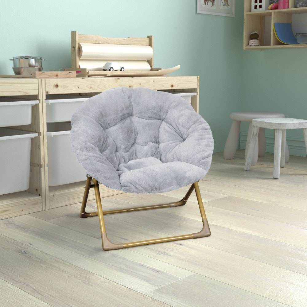 Kids Folding Synthetic Fur Saucer Chair for Playroom or Bedroom - 12.25"D x 22.75"W x 22"H