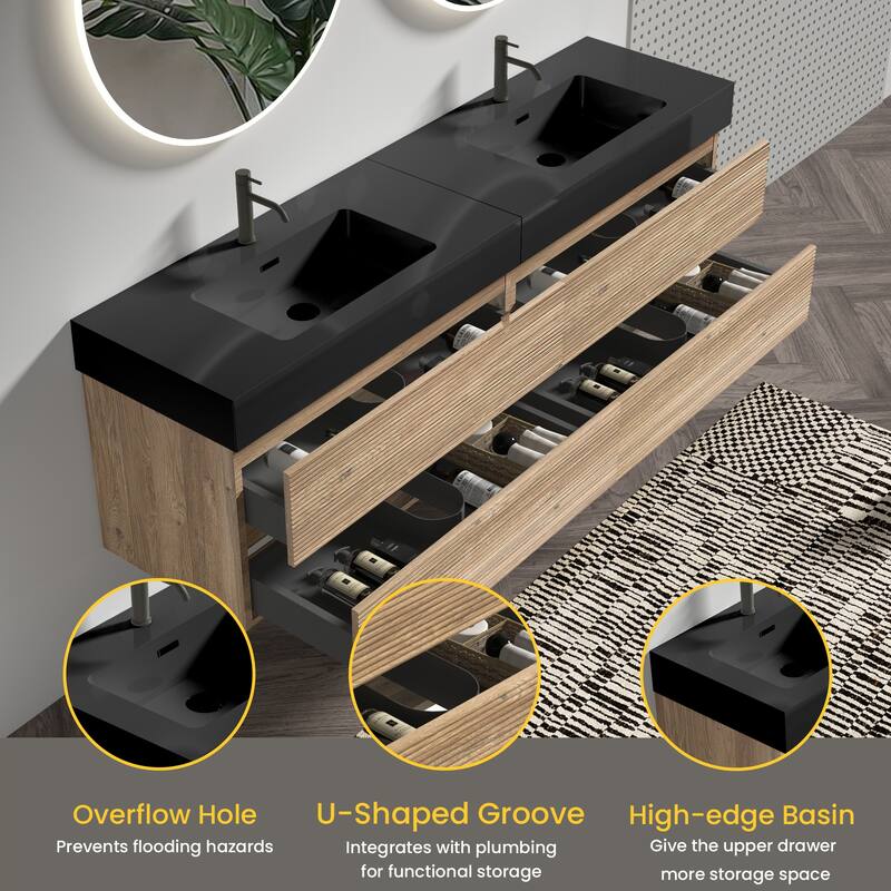 GDFStudio - Grace Wall-Mounted Bathroom Vanity with Engineered Quartz Sink & Soft Close Drawers, without Drainage and Faucet