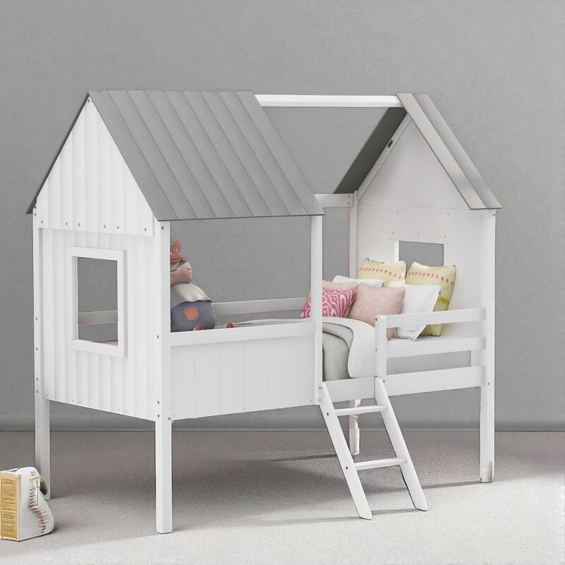 Twin Size House Bed with Roof and Side Windows, Low Loft Wooden Frame for Kids, No Box Spring Needed - White Gray - Twin