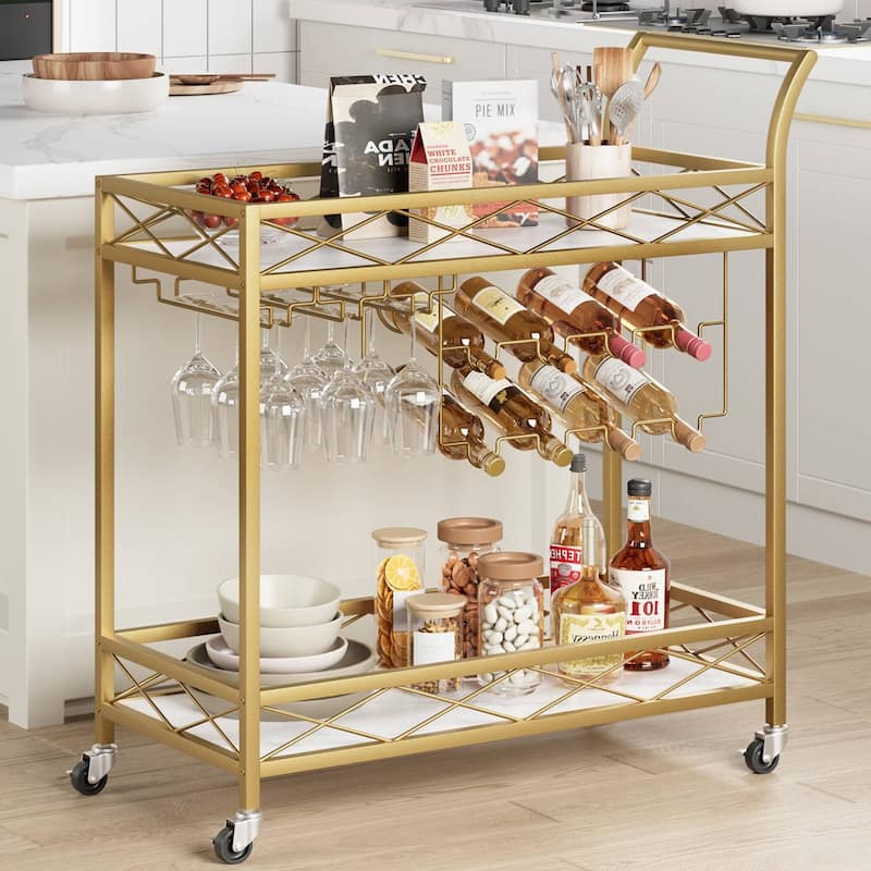 2 Tier Gold Bar Cart with Wheels & Wine Rack - N/A