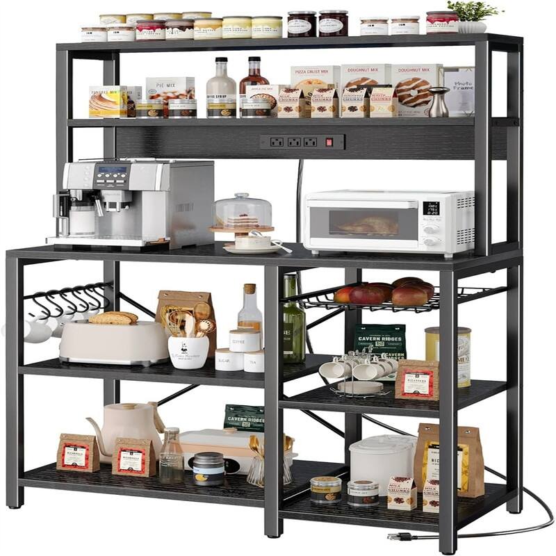 Bakers Rack with Power Outlet - 35.4"D x 15.6"W x 64"H - Black